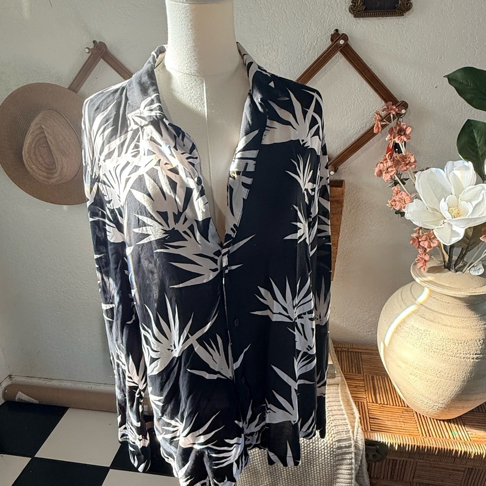 All Saints Black and White Leaf Print Top